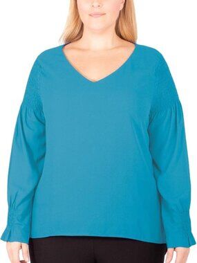 NY Collection Womens Plus Smocked Sleeve V-Neck Blouse Green 1X
